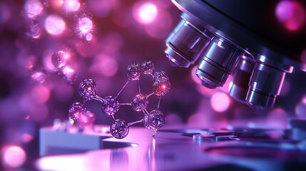 A microscope lens focuses on a molecule structure with a bokeh background.