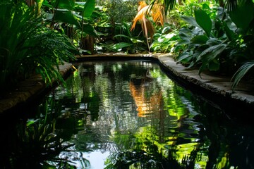 Naklejka premium A beautiful and lush garden pond surrounded by vibrant, rich greenery. The peaceful and secluded nature of this tranquil paradise invites relaxation and reflection.
