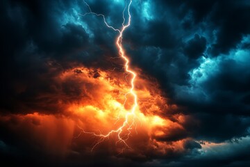 Fototapeta premium The image captures a dramatic scene where vibrant lightning bolts illuminate swirling storm clouds, creating an intense and electrifying atmosphere in the sky.