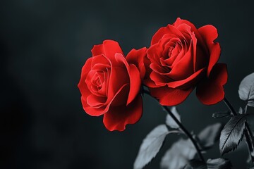 Striking red roses on black and white background symbolize elegance.