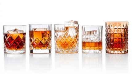 Row of whiskey glasses with ice on white background.