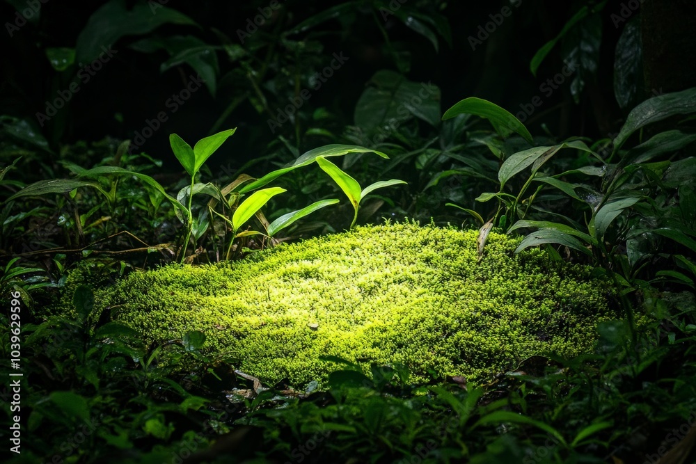 Poster an enchanting patch of green moss thrives under a beam of sunlight in a dense forest, offering a per
