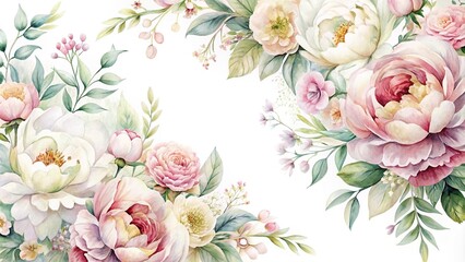 Delicate watercolor design featuring soft peonies and pastel florals, delicate details, pastel colors, intricate designs