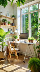 Obraz premium Bright home office with a computer and desk surrounded by lush green plants and large windows for a refreshing atmosphere