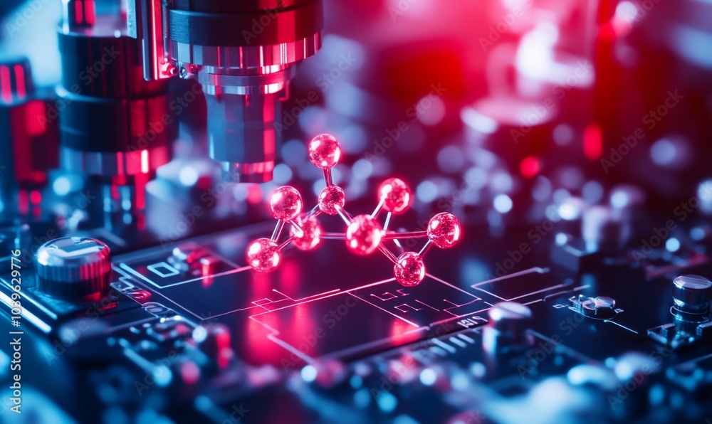 Poster A molecular model sits on a circuit board, representing the intersection of science and technology.