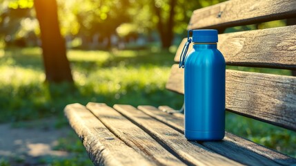 Naklejka premium Blue reusable water bottle on a wooden bench, stay hydrated in style blue