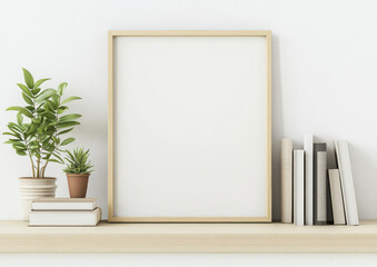 minimalist interior scene featuring blank picture frame, potted plants, and neatly arranged books on wooden shelf. This setup creates serene and inviting atmosphere
