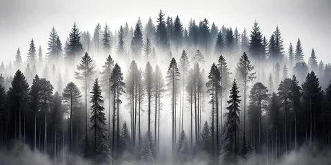Papier peint photo intissé double exposure of modern black and white forest and circle Extreme Close-Up