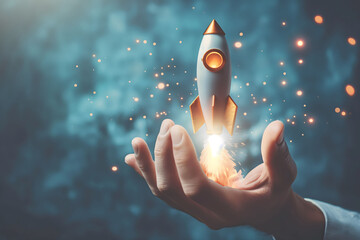 Hand holding launching rocket symbolizing innovation, startup success, and business growth,for illustrating entrepreneurship,creativity,futuristic technology concepts in marketing,leadership campaigns