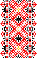 Pixel art embroidery pattern. Repeating Ukraine geometric pattern design with floral. Symmetrical and Clean. For use as neckline embroidery.
Cross Stitch red and white knitted fabric.