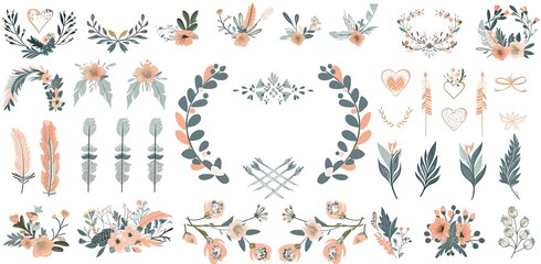 Watercolor feathers and leaves on white background