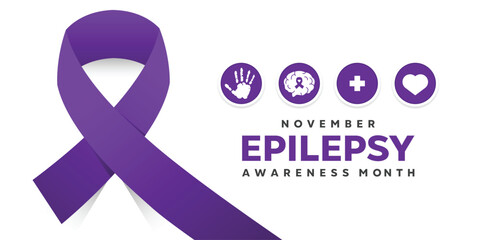 November Is Epilepsy Awareness Month. Ribbon, hand, brain, plus icon and heart. Great for cards, banners, posters, social media and more. White background. 