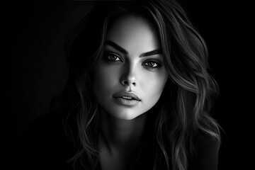 Fototapeta premium Black and white portrait of beautiful young woman fashion super model on dark background