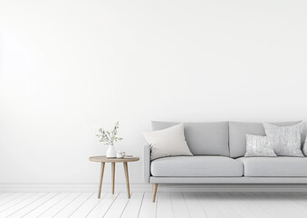 modern living room featuring light gray sofa with decorative pillows, accompanied by wooden side table adorned with small vase and flowers. minimalist design creates serene atmosphere