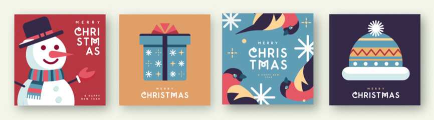 Set of Merry Christmas and Happy New Year greeting cards, covers or posters with holiday attributes. Christmas background. Flat design. Vector illustration