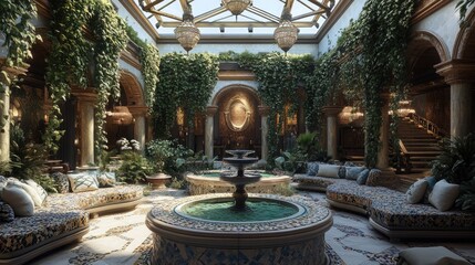A skylit atrium adorned with trailing vines