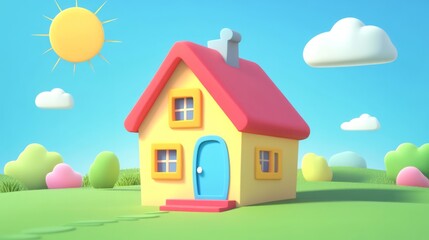A cute 3D cartoon-style house with the sun in the sky. 