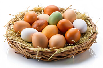Multicolored Farm-Fresh Eggs in a Rustic Straw Nest