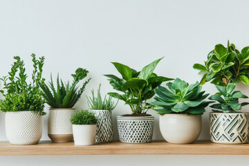 Fototapeta premium Lush green plants in decorative pots arranged on wooden shelf create vibrant and refreshing atmosphere. This display showcases various types of foliage, enhancing any interior space