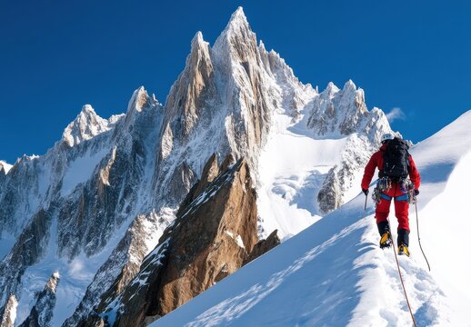 A man in red is climbing a mountain with a backpack. The mountain is covered in snow and has a peak that is visible in the distance