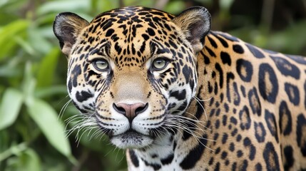 Obraz premium A tight shot of a leopard's face against a backdrop of verdant leaves