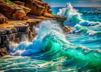 Fototapeta premium Glowing Turquoise Waves Radiate Otherworldly Light in a Serene Oceanic Landscape During Twilight