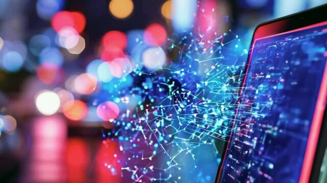 A digital interface displaying code and data visualization against a colorful, blurred background.