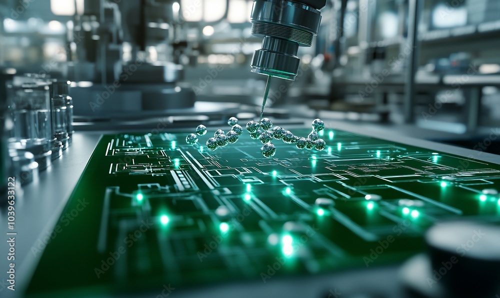 Poster a robotic arm places metallic spheres on a circuit board in a futuristic factory setting.