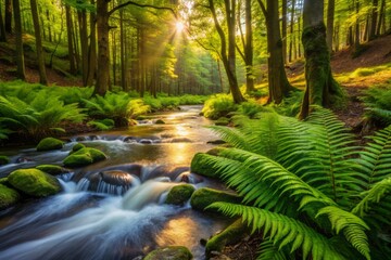 Obraz premium Luminous Green Ferns Carpet the Forest Floor Alongside Gentle Streams and Sunlit Nature Scenes