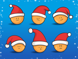 Set of Christmas emoji in santa claus hat. Christmas Social media stickers. Cute smiley faces in new year outfit.