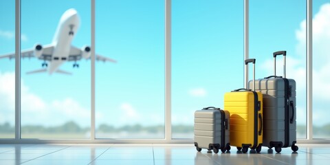 Colorful luggage waits in an airport terminal as a plane takes off in the background, capturing the essence of travel and adventure.