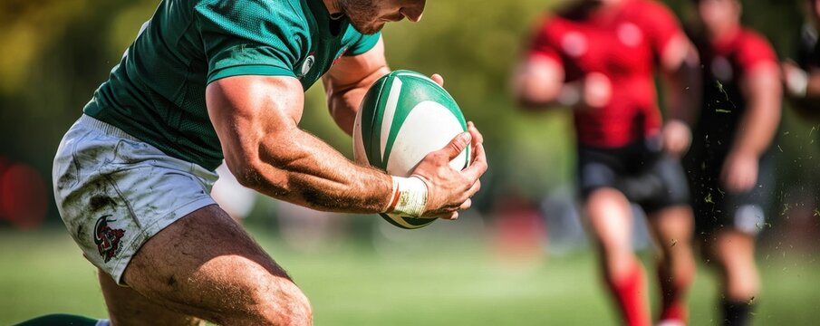 A man is running with a rugby ball in his hand. Concept of excitement and competition, as the man is focused on the ball and he is in motion. The green and red colors of the rugby ball - Powered by Adobe
