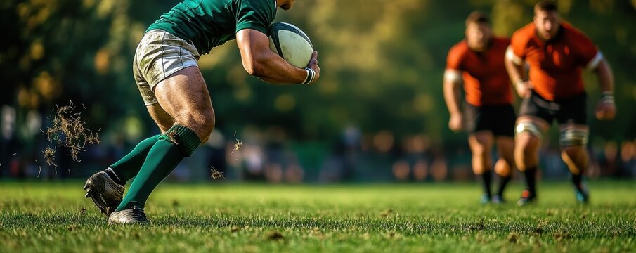 A man in a green shirt is running with a rugby ball. He is surrounded by other players, and the scene is lively and energetic