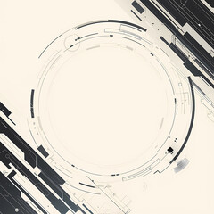 Abstract tech background with a circular design, featuring lines and shapes in black and gray on a light beige background.