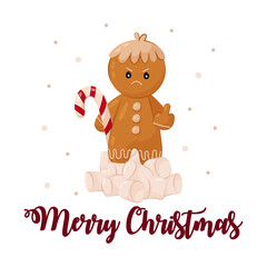 Evil gingerbread man with a caramel candy cane on a pile of marshmallow. Gingerbread. Holiday food. Merry Christmas. Christmas lettering for t-shirt print, poster or card.