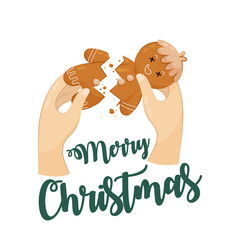 Gingerbread. A broken cookies in shape of a man. Holiday food. Merry Christmas. Christmas lettering for t-shirt print, poster or card.