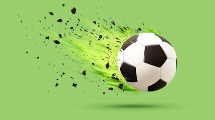 Naklejka premium Dynamic soccer ball in motion leaving a trail of debris, vibrant green background.