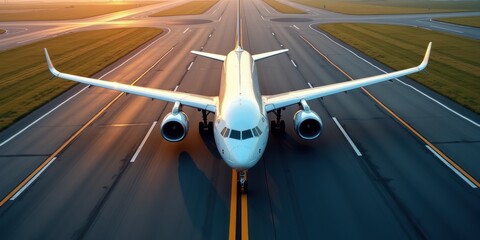Fototapeta premium A breathtaking aerial view of a commercial airplane preparing for takeoff on an expansive runway, capturing the essence of travel and adventure at an airport.