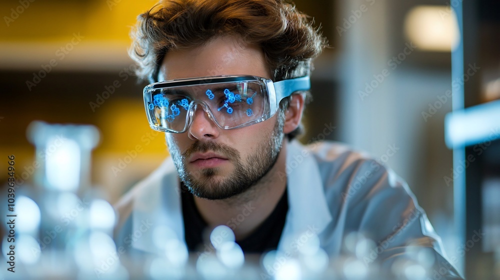 Poster a scientist in a lab coat and goggles, looking at a chemical compound through a virtual reality head