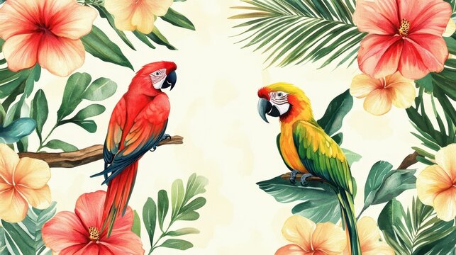 Beautiful seamless watercolor illustration  tropical flowers, palm leaves, and vivid parrots. This botanical pattern is perfect for wallpapers, fabrics, and various creative applications.