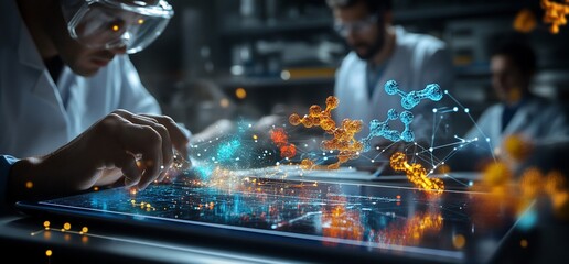 A scientist in a lab coat uses a tablet with a futuristic display of data and molecular structures.