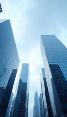 Fototapeta premium Modern skyscrapers create a stunning backdrop, perfect for travel and airport-themed designs, evoking a sense of adventure in a bustling city environment.