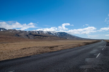 Snaefellsnes Peninsula Iceland, view across basalt lava field to mountains