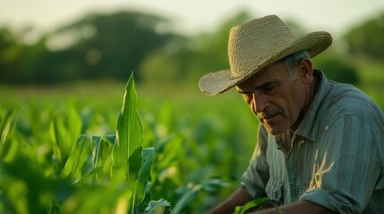 Farmer in a straw hat carefully inspecting corn plants in a lush green field, sunlight casting soft shadows on his face