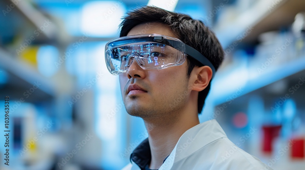 Aufkleber a scientist wearing augmented reality glasses in a laboratory.