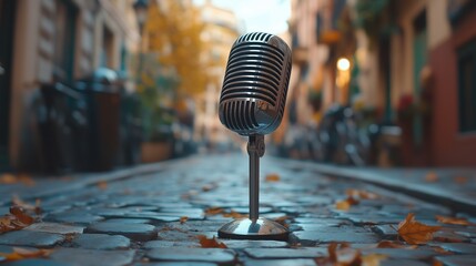 A metal microphone standing on a noisy European street.