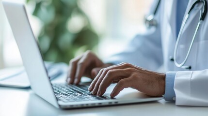 close up of a doctor hands typing on a laptop,