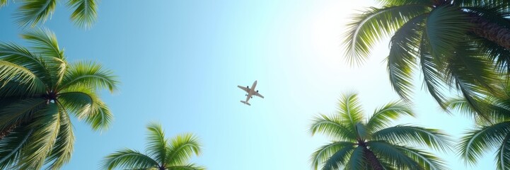 Fototapeta premium A serene view of an airplane flying above lush palm trees, capturing the essence of travel and tropical recreation.