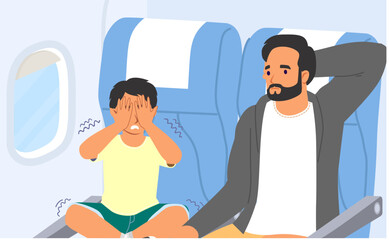 Little boy child feeling panic in plane during flight travel with father vector illustration. Children aerophobia concept