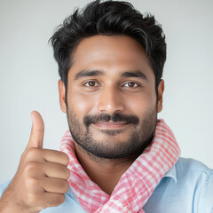 attractive Indian man in his late thirties, wearing a light blue shirt and a red checkered scarf around his neck showing thumps up